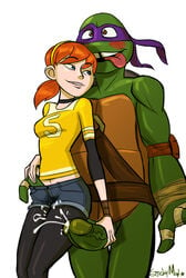 april_o'neil april_o'neil_(tmnt_2012) big_penis clothed clothing crossed_eyes cum donatello donotello erection female handjob human male orgasm penis plain_background reptile scalie smile stickymon straight teenage_mutant_ninja_turtles turtle white_background young