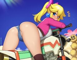 1girls ass ass_focus bent_over big_ass blonde_hair blue_eyes blue_sky bow breasts closed_mouth cloud cropped_jacket day earrings female gloves high_ponytail jacket jewelry kuroonehalf leaning_on_object looking_back mario_(series) mario_kart mario_kart_world medium_breasts motor_vehicle nintendo outdoors pink_bow pink_jacket pokey_(mario) ponytail princess_peach princess_peach_(touring) shirt sky smile thighhighs thighs white_shirt