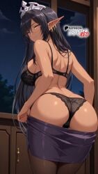 ai_generated arms_above_head black_hair black_skirt boosterred99 bra breasts dark_elf dark_skin elf elf_ears female glasses illustrious_(stable_diffusion) kuroinu_2_~inyoku_ni_somaru_haitoku_no_miyako,_futatabi~ kuroinu_~kedakaki_seijo_wa_hakudaku_ni_somaru~ large_breasts long_hair olga_discordia panties pantyhose pony_diffusion_xl pulled_by_self school sideboob thighs tiara underwear undressing yellow_eyes