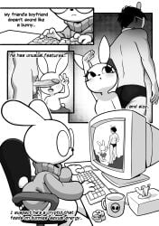 absurd_res anthro balls biped bottomwear clothed clothing comic computer dialogue electronics eyelashes eyewear female flat_chested gaturo genitals gesture glasses group hair hand_gesture hi_res human human_on_anthro interspecies lagomorph larger_human larger_male leporid male male/female mammal monochrome penis pupils rabbit short_stack simple_background sitting size_difference skirt smaller_anthro smaller_female text three-quarter_view v_sign