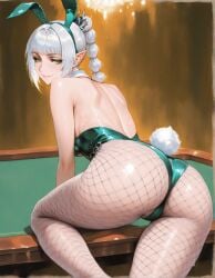 1girls ai_generated baldur's_gate_3 bangs braid bunny_ears bunny_tail bunnysuit dungeons_and_dragons elf female fishnets green_eyes indoors leaning_on_object long_hair looking_at_viewer looking_back pointy_ears presenting_ass round_ass shadowheart smile solo_female teasing white_hair wizards_of_the_coast