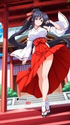 ai_generated akeno_himejima black_hair boosterred99 breasts female full_body high_school_dxd illustrious_(stable_diffusion) japanese_clothes large_breasts legs long_hair miko orange_ribbon pony_diffusion_xl ponytail purple_eyes ribbon seductive voluptuous