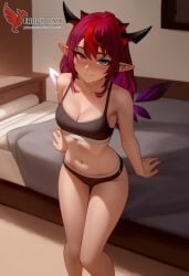 1girls 2d ai_generated ass barefeet big_ass bra breasts erophoenix feet female female_focus full_body heterochromia hololive hololive_english hololive_english_-promise- horns irys irys_(hololive) looking_at_viewer medium_breasts panties patreon_username pointy_ears red_hair short_hair solo solo_female sweat thick thick_thighs toes uncensored underwear virtual_youtuber vtuber