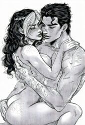 ai_generated daughter father father_and_child father_and_daughter freckles green_hair greyscale hairy_male incest jojo's_bizarre_adventure jolyne_kujo jotaro_kujo lipstick nude parent_and_child romantic romantic_ambiance space_buns stone_ocean tagme