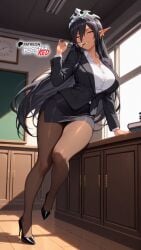 ai_generated black_hair black_skirt boosterred99 dark_elf dark_skin elf elf_ears full_body glasses heels high_heels illustrious_(stable_diffusion) kuroinu_2_~inyoku_ni_somaru_haitoku_no_miyako,_futatabi~ kuroinu_~kedakaki_seijo_wa_hakudaku_ni_somaru~ large_breasts legs long_hair olga_discordia pantyhose pony_diffusion_xl school shirt skirt thighs tiara white_shirt yellow_eyes