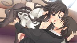 black_eyes black_hair breasts censored cleavage collar erection female fingering fusataka_shikibu game_cg handjob highres huge_breasts legs long_hair open_mouth panties pantyhose penis ponytail short_hair skirt standing thighs tied_hair tsugou_no_ii_kazoku underwear