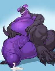 anthro balls big_balls big_penis black_body black_scales bodily_fluids claws cum digitigrade dragon feet foreskin genital_fluids genitals gideon_(gylph) glans hi_res horn huge_balls huge_cock humanoid_genitalia humanoid_penis low-angle_view male muscular muscular_anthro muscular_male mythological_creature mythological_scalie mythology nude overweight overweight_anthro overweight_male patto pecs penis purple_body purple_glans purple_penis purple_scales scales scalie simple_background smile solo tail uncircumcised