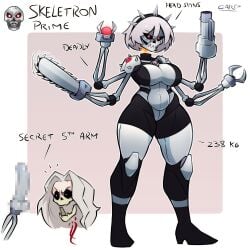 1girls carpinchor censored chainsaw claw detached_head dildo featureless_breasts featureless_crotch female four_arms gun headband medium_breasts red_eyes robot robot_girl simple_background skeletron skeletron_prime skull solo spikes terraria text white_hair