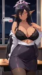 ai_generated bare_shoulders black_hair black_skirt boosterred99 bra dark_elf dark_skin elf elf_ears glasses illustrious_(stable_diffusion) kuroinu_2_~inyoku_ni_somaru_haitoku_no_miyako,_futatabi~ kuroinu_~kedakaki_seijo_wa_hakudaku_ni_somaru~ large_breasts long_hair olga_discordia pantyhose pony_diffusion_xl school shirt skirt thighs tiara underwear white_shirt yellow_eyes