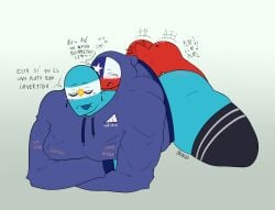 adidas anal argentina_(countryhumans) big_ass chile_(countryhumans) countryhumans crossed_arms gay grabbing_pecs gronch0 inside_clothing looking_pleasured lying_on_stomach male/male male_on_bottom male_on_top moaning motion_lines onomatopoeia piercing piercings power_bottom round_ass round_butt shared_clothes sharing_clothes simple_background size_difference small_top_big_bottom smaller_male smug smug_face spanish_text submissive_male tagme tail tailwag text thighhighs tongue_out under_another's_clothes wagging_tail yaoi
