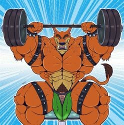 1boy abs absurd_res activision anthro armpit_hair biceps big_muscles body_hair bracelet brown_eyes bulge clothing crash_(series) dasyuromorph exercise eyebrows fangs fur genitals green_clothing green_jockstrap green_underwear hairy hi_res jewelry jockstrap leather looking_up male male_only mammal marsupial muscular muscular_anthro muscular_arms muscular_male muscular_thighs orange_body orange_fur pecs penis pubes recently_extinct_species sharp_teeth shirtless sitting solo spiked_bracelet spikes striped_body striped_fur stripes tail tail_tuft tan_body tan_fur teeth thick_eyebrows thigh_strap thylacine tiny_tiger triceps tuft underwear vaniwulf vein veiny_muscles weightlifting workout