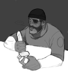 beer black_and_white blush demoman demoman_(team_fortress_2) dildo essor0706 fantasizing grayscale holding_dildo holding_object male male_only team_fortress_2