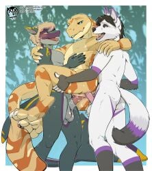 absurd_res anal anal_sex animal_genitalia anthro black_hair blonde_hair canid canine canis claws double_penetration erection fangs fish fur genital_slit genitals group hair hi_res interspecies mammal marine penetration penile penile_penetration penis_in_ass penis_in_slit scales sex shark slit_penetration slit_play stand_and_carry_position standing standing_sex teeth toe_claws trio underscore_b white_body white_fur wolf yellow_body yellow_scales