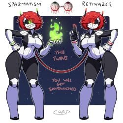 2girls antennae breasts carpinchor cyclops featureless_breasts featureless_crotch female finger_gun fire gijinka green_eyes medium_breasts medium_hair red_eyes red_hair retinazer robot robot_girl simple_background spazmatism teeth_showing terraria text the_twins_(terraria)