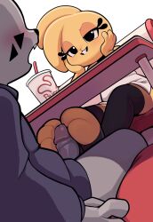 anthro biped clothed clothing duo eyelashes feet female fingers foot_fetish foot_play footjob footjob_with_legwear furniture gaturo genitals hi_res lagomorph legwear leporid male male/female mammal penis pupils rabbit sex simple_background sitting smile table thick_thighs thigh_highs three-quarter_view