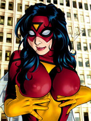 1girls artist_name big_breasts black_hair breast_grab breasts cleavage covered_breasts covered_nipples erect_nipples erect_nipples_under_clothes female female_only gauntlets gloves groping human jessica_drew kat's large_breasts lipstick long_hair makeup marvel mask nipples red_lips red_lipstick self_fondle signature skin_tight solo spandex spider-woman superheroine tight upper_body voluptuous