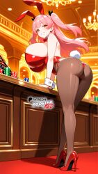 ai_generated ass ass_focus boosterred99 bow bowtie bunny bunny_costume bunny_ears bunny_girl bunny_tail bunnysuit casino cuffs from_behind from_behind_position fujinoki_nene full_body fully_clothed gal hajimete hajimete_no_gal high_heels illustrious_(stable_diffusion) legs leotard long_hair no pantyhose pink_hair playboy_bunny pony_diffusion_xl red_bow red_high_heels red_leotard star twintails yellow_eyes
