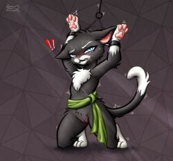 abstract_background anthro arm_tuft arms_above_head black_body black_fur blue_eyes blush bodily_fluids bondage bottomless bound cheek_tuft chest_tuft clenched_teeth clothed clothing crying cuff_(restraint) domestic_cat dreamworks dreamworks_animation elbow_tuft embarrassed exclamation_point eyebrows facial_tuft felid feline felis female fluffy fur fuzzy genitals head_tuft hi_res kitty_softpaws kneeling looking_at_viewer mammal mostly_nude motion_lines narrowed_eyes nightfury2s one_ear_up pawpads puss_in_boots:_the_last_wish puss_in_boots_(dreamworks) puss_in_boots_(film) puss_in_boots_(franchise) puss_in_boots_the_last_wish pussy questionable_consent raised_arm restrained restrained_arms restraints sash shaking shrek_(series) shy solo sweat tail tears teeth text topless tremble_spikes trembling tuft tuxedo_cat universal_pictures universal_studios vulva whiskers