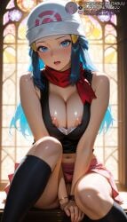 1girls ai_generated alternate_breast_size backlighting bare_shoulders beanie between_legs black_shirt black_socks blue_eyes blue_hair blush bracelet breasts breasts_squeezed_together cleavage crop_top dawn_(pokemon) female hair_ornament hairclip hand_between_legs hat indoors jewelry knee_up kneehighs large_breasts long_hair looking_at_viewer meitabuu midriff miniskirt navel nipple_slip nipples no_bra no_panties open_mouth partially_visible_vulva pink_skirt poke_ball_print pokemon pokemon_(anime) pokemon_dppt pokemon_journeys pokemon_rgby pokemon_xy pussy pussy_peek red_scarf scarf shirt sidelocks sitting skirt sleeveless sleeveless_shirt socks solo stained_glass stomach thighs uncensored v_arms watch white_headwear wristwatch