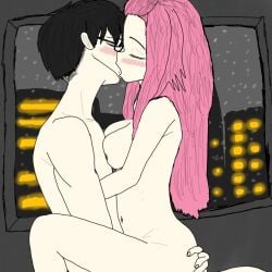 1boy 1boy1girl 1girls black_hair blush breasts breasts_on_chest city closed_eyes completely_naked completely_naked_female completely_naked_male completely_nude completely_nude_female completely_nude_male cute etra-chan_saw! female glasses hand_on_butt intimate intimate_pose kissing kuroki_(etra-chan_saw!) male naked naked_female naked_male nude nude_female nude_male passionate passionate_kiss pink_hair wholesome window yuri_(etra-chan_saw!)