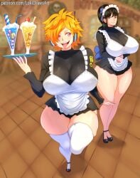 black_hair blue_eyes drinks food ginger hourglass_figure large_breasts lokidrawsart maid_apron maid_headdress maid_outfit maid_uniform nico_robin one_piece orange_hair purple_eyes stockings thick_thighs vegapunk_lilith venus_body wide_hips
