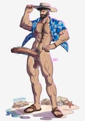 1boy abs absurdres alternate_costume arm_hair artist_name bara bare_pectorals beard bluesky_username bottomless brown_eyes brown_hair chest_hair commentary english_commentary erection facial_hair fantastic_four foreskin full_beard hat hawaiian_shirt highres huge_cock leg_hair male_focus male_pubic_hair marvel marvel_rivals mature_male multicolored_hair muscular muscular_male navel nipples open_clothes open_shirt patreon_username pectorals penis pubic_hair reed_richards sagging_testicles sandals shirt solo starfish testicles twitter_username two-tone_hair variant_set veins veiny_penis wererdraws white_hair