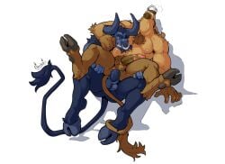 2019 anal anal_sex anthro balls beard blue_body bodily_fluids bovid bovine brown_body chest_tuft clenched_teeth drooling duo erection european_mythology facial_hair facial_piercing genitals ghuraok greek_mythology grin hooves horn looking_pleasured male male/male mammal minotaur mythology nipples nose_piercing nose_ring pecs penetration penis piercing ring_piercing saliva smile snort teeth tuft vein veiny_penis