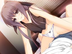 bare_shoulders bed blush breasts brown_eyes censored cowgirl_position female game_cg highres iizuki_tasuku inubousaki_aya legs long_hair looking_at_viewer lovely_x_cation lying panties panties_aside penis ponytail purple_hair pussy sex sitting sitting_on_person small_breasts smile sweat thighs tied_hair underwear vaginal_penetration