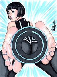 ass bangs barefoot big_ass black_hair blue_eyes bob_cut bodysuit celebrity disney feet female female_only foot_fetish human identity_disc looking_back olivia_wilde parted_lips pov_feet quorra scott_blair short_hair signature soles solo toes tron tron_legacy