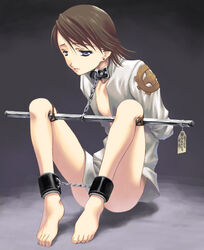 1boy arms_behind_back barefoot bondage bottomless bound_ankles brown_hair chained collar earrings final_fantasy final_fantasy_xii girly larsa male male_only malesub open_clothes open_shirt shirt sitting solo spreader_bar trap