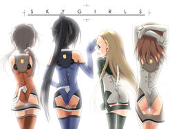 angry arms_up ass black_hair black_legwear blonde_hair blue_eyes blue_legwear bodysuit brown_hair eika_ichijyo elbow_gloves elise_von_dietrich female female_only from_behind gloves grey_hair hair_ribbon hand_on_hip ichijou_eika karen_sonomiya lineup long_hair multiple_girls otoha_sakurano pilot_suit ponytail red_legwear ribbon sakurano_otoha shinozuka_atsuto short_hair sky_girls sonomiya_karen thigh_gap thighhighs tied_hair twintails very_long_hair