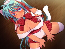 animal_ears areola_slip blue_eyes blue_hair blush breasts cat_ears censored cosplay eroe female huge_breasts legs long_hair looking_at_viewer ponytail pussy sitting skirt solo sweat tail thighs tied_hair white_legwear