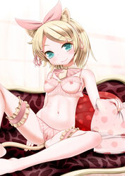 animal_ears aqua_eyes blonde_hair breasts cat_ears color fake_animal_ear female garters hair_ornament hair_ribbon hairclip kagamine_rin kemonomimi_mode lingerie looking_at_viewer nipples oberssa pillow pubic_hair ribbon short_hair sitting small_breasts smile solo tail thigh_strap uncensored underwear vocaloid