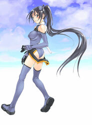 black_eyes black_hair blush boots eika_ichijyo elbow_gloves gloves highres ichijo_eika ichijou_eika long_hair long_legs motionslit ponytail satou_atsuki sky sky_girls thigh_boots thighhighs tied_hair very_long_hair