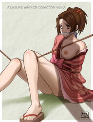 1girls ass azasuke blush bondage bound_legs breast_slip breasts brown_eyes brown_hair female fuu gag highres japanese_clothes kimono nipples no_bra no_panties one_breast_out open_clothes rope samurai_champloo sandals shadow sitting solo toes zouri