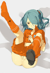 bottomless holland ichirouta_kazemaru inazuma_eleven kneehighs kneesocks orange_socks rule_63 shorts_pull soccer socks striped_socks t-shirt