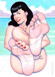 ass bangs barefoot beach bettie_page big_ass black_hair blue_eyes clouds collarbone feet female female_only foot_fetish human lipstick long_hair model nude outdoors pov_feet presenting presenting_feet red_lipstick scott_blair seaside smile soles solo toenail_polish toes