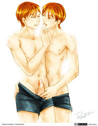 2boys brothers cum_drip cum_on_penis cum_tasting erect_nipples erection finger_in_mouth fred_weasley gay george_weasley ginger_hair harry_potter holding_penis incest male male_only mostly_nude multiple_boys multiple_males ponderosa shorts_down simple_background topless twincest twins yaoi