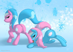 2012 aloe_(mlp) anus blue_eyes blue_fur blue_hair cutie_mark duo earth_pony equine female female_only feral friendship_is_magic fur hair headband horse looking_back lotus_blossom multiple_females my_little_pony pink_fur pink_hair plain_background pony presenting pussy skipsy