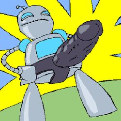 1boy blue_eyes dildo gir_(invader_zim) grey_body humanoid_dildo invader_zim male male_only male_wearing_strapon mechanical metal metallic_body nanimoose nickelodeon penis_dildo robot sex_toy smile smooth_skin solo standing strap-on strapon what