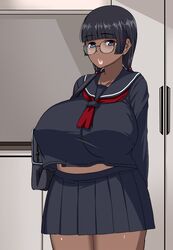 black_hair blue_eyes breasts censored crop_top crop_top_overhang dark_skin enoshima_iki huge_breasts school_uniform