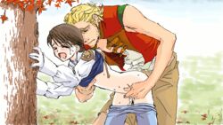 2boys anal artist_request basch blonde_hair blush brown_hair clothed_sex color crying cum facial_hair femboy final_fantasy final_fantasy_xii forced_yaoi gay girly larsa male male_only multiple_boys navel open_mouth penis rape sex size_difference sweat tagme yaoi