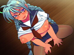 areolae blue_eyes blue_hair blush braid breasts eroe female glasses huge_breasts legs long_hair looking_at_viewer nipples no_bra no_panties open_mouth school_uniform shirt_lift sitting skirt solo thighs twin_braids