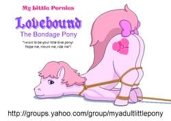 animal animated ass blink bondage bound bow color cutie_mark english_text eyes female female_only feral flat_colors fur furry hair horse my_little_pony nude on_model open_eyes pink_fur plain_background pony purple_eyes raised_tail rope side_view smooth_skin solo tail text url white_background