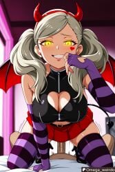 ai_generated ann_takamaki bed bedroom_sex big_breasts blonde_female blonde_hair cleavage cleavage_cutout corruption cosplay cosplay_sex devil_girl devil_horns devil_outfit devil_tail devil_wings evil_grin evil_smile glowing_eyes hand_to_own_mouth indoors indoors_sex looking_at_partner looking_at_viewer omega_weirdo persona persona_5 pov shadow_(persona) shadow_ann shadow_self_(persona) skirt smile smiling_at_partner smiling_at_viewer smug straddling twintails yellow_eyes