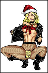 1girls black_canary blonde_hair blue_eyes choker dc dc_comics dick_hammersmith dinah_lance female female_only fishnet green_arrow_(series) licking_lips long_hair note ribbon santa_hat solo spread_legs squatting