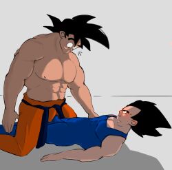 bara boner bulge bulge_through_clothing clothed dragon_ball dragon_ball_z erection frottage gay muscles rubbing saiyan son_goku surprised vegeta