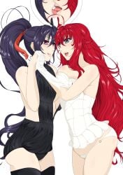 2girls ahoge akeno_himejima alphadelta antenna_hair big_ass black_clothing black_hair couple crimson_hair female_only hair_ribbon high_school_dxd holding_hands large_breasts lesbian light_skin looking_at_each_other orange_ribbon ponytail rias_gremory sky_blue_eyes tongue_kiss very_long_hair violet_eyes voluptuous white_clothing yuri