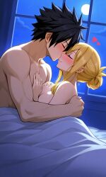 ai_generated bedroom black_hair blonde_hair bun fairy_tail gray_fullbuster imminent_sex kissing lucy_heartfilia married_couple moonlight naked night_sky romantic_couple wedding_ring wholesome wholesome_nudity