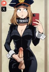 ai_generated big_breasts big_penis boku_no_hero_academia brown_eyes brown_hair cellphone cleavage cock colored dick erection futanari hand_on_penis hat light-skinned_futanari light_skin masturbation my_hero_academia penis selfie solo testicles white_body white_girl white_skin